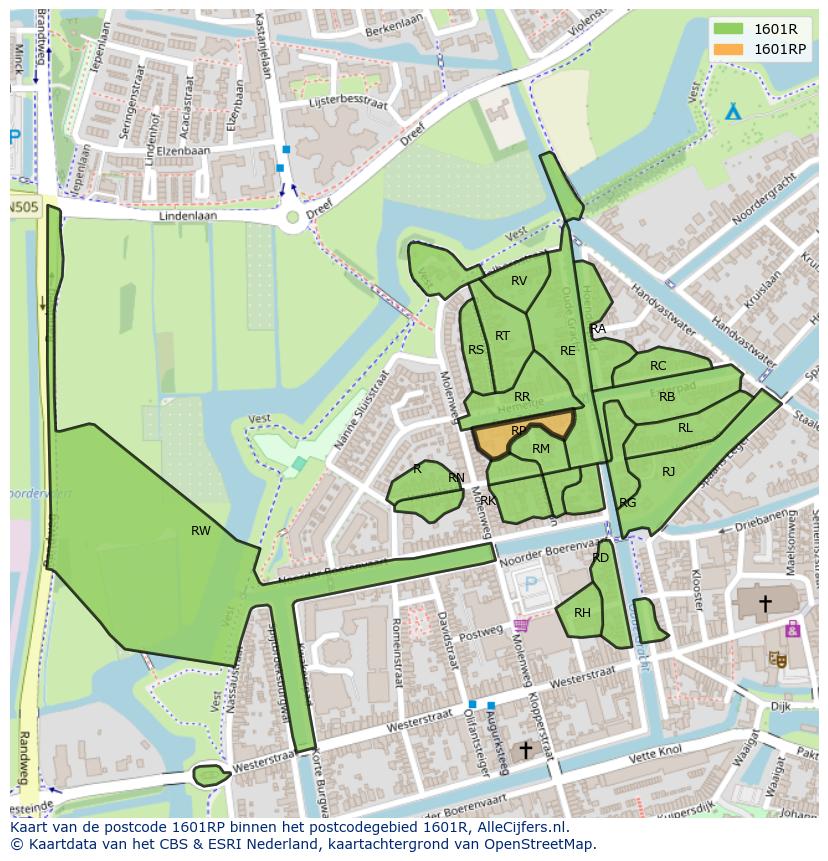 Afbeelding van het postcodegebied 1601 RP op de kaart.