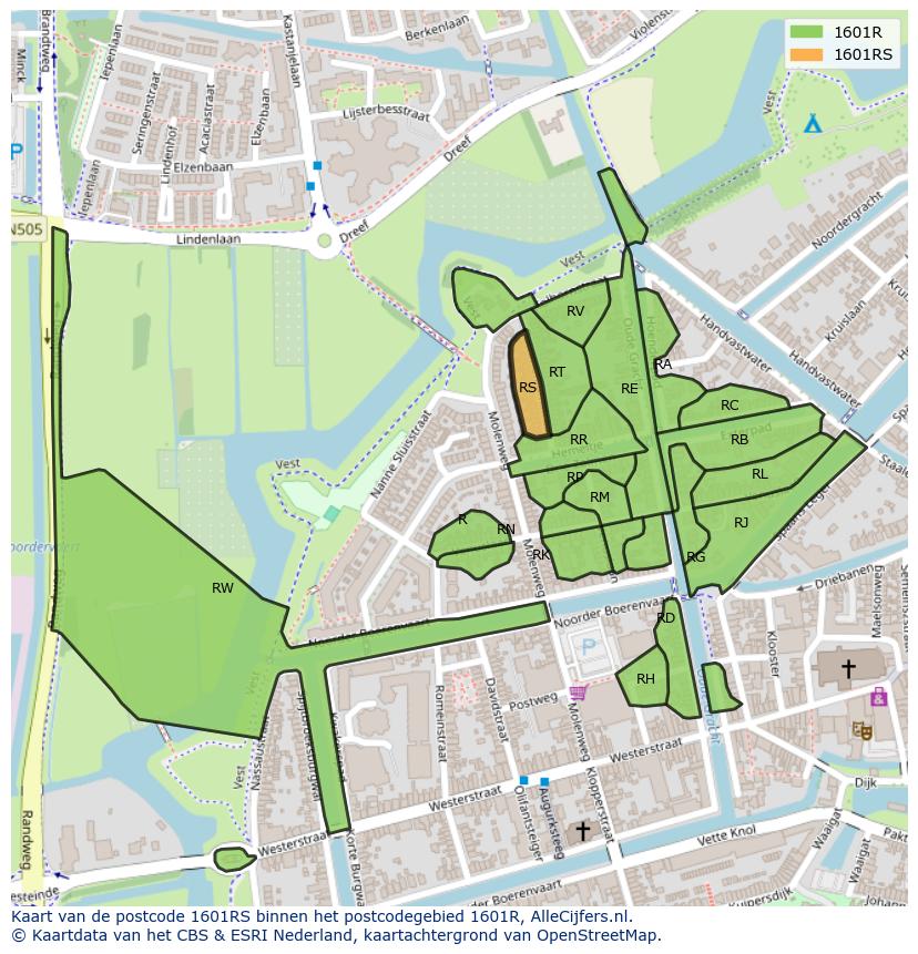 Afbeelding van het postcodegebied 1601 RS op de kaart.