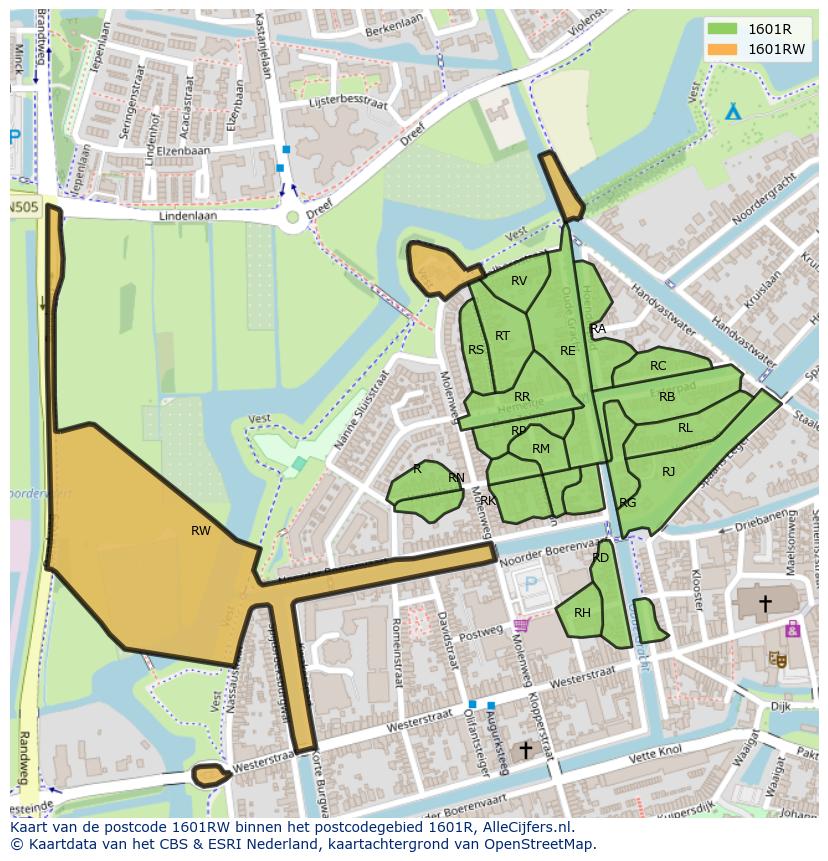 Afbeelding van het postcodegebied 1601 RW op de kaart.