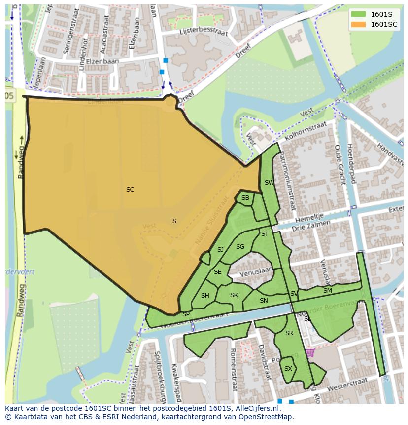 Afbeelding van het postcodegebied 1601 SC op de kaart.
