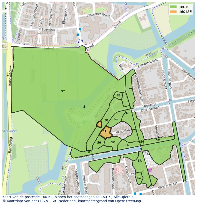 Afbeelding van het postcodegebied 1601 SE op de kaart.