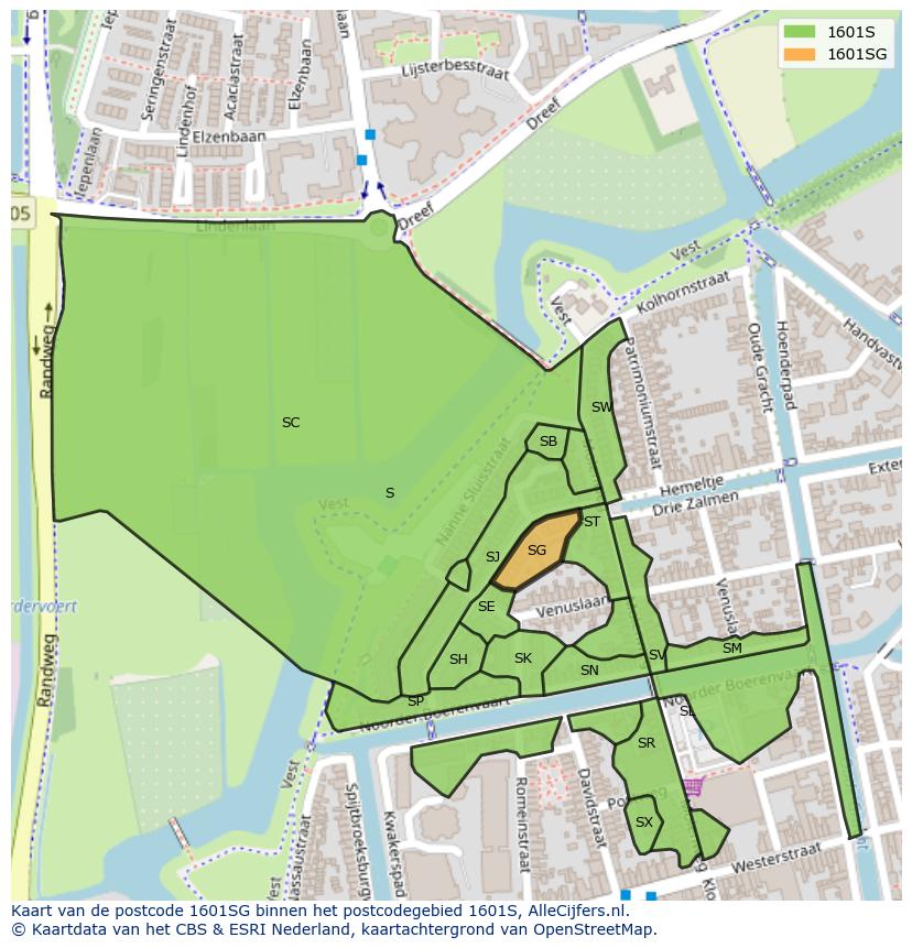 Afbeelding van het postcodegebied 1601 SG op de kaart.