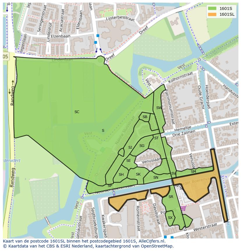 Afbeelding van het postcodegebied 1601 SL op de kaart.