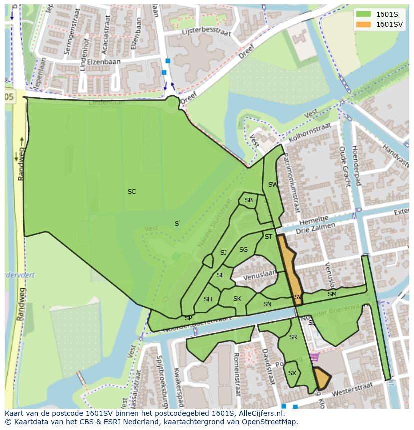 Afbeelding van het postcodegebied 1601 SV op de kaart.