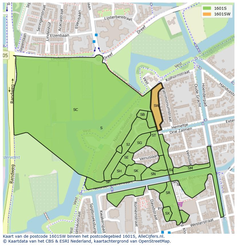 Afbeelding van het postcodegebied 1601 SW op de kaart.