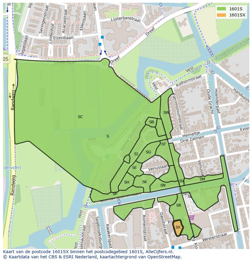 Afbeelding van het postcodegebied 1601 SX op de kaart.