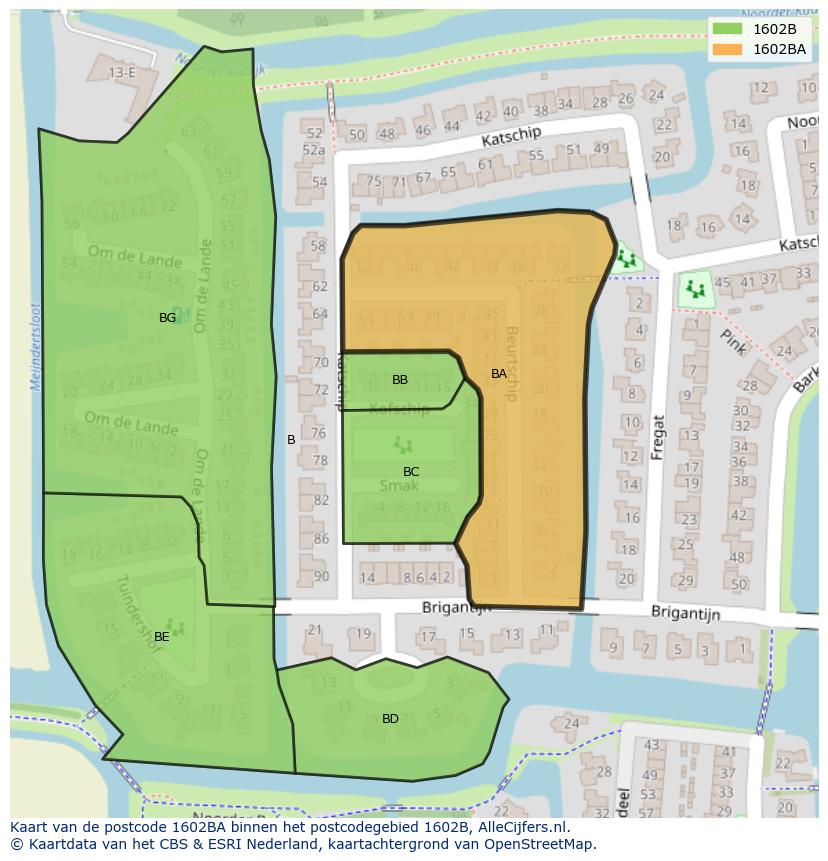 Afbeelding van het postcodegebied 1602 BA op de kaart.