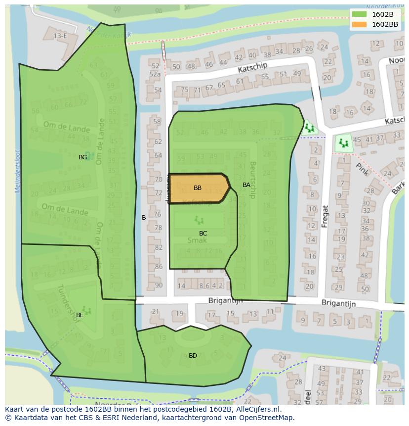 Afbeelding van het postcodegebied 1602 BB op de kaart.