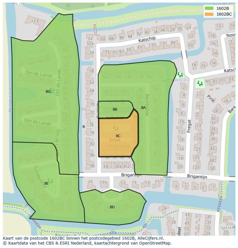 Afbeelding van het postcodegebied 1602 BC op de kaart.
