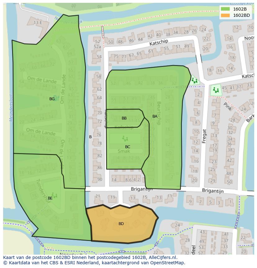 Afbeelding van het postcodegebied 1602 BD op de kaart.