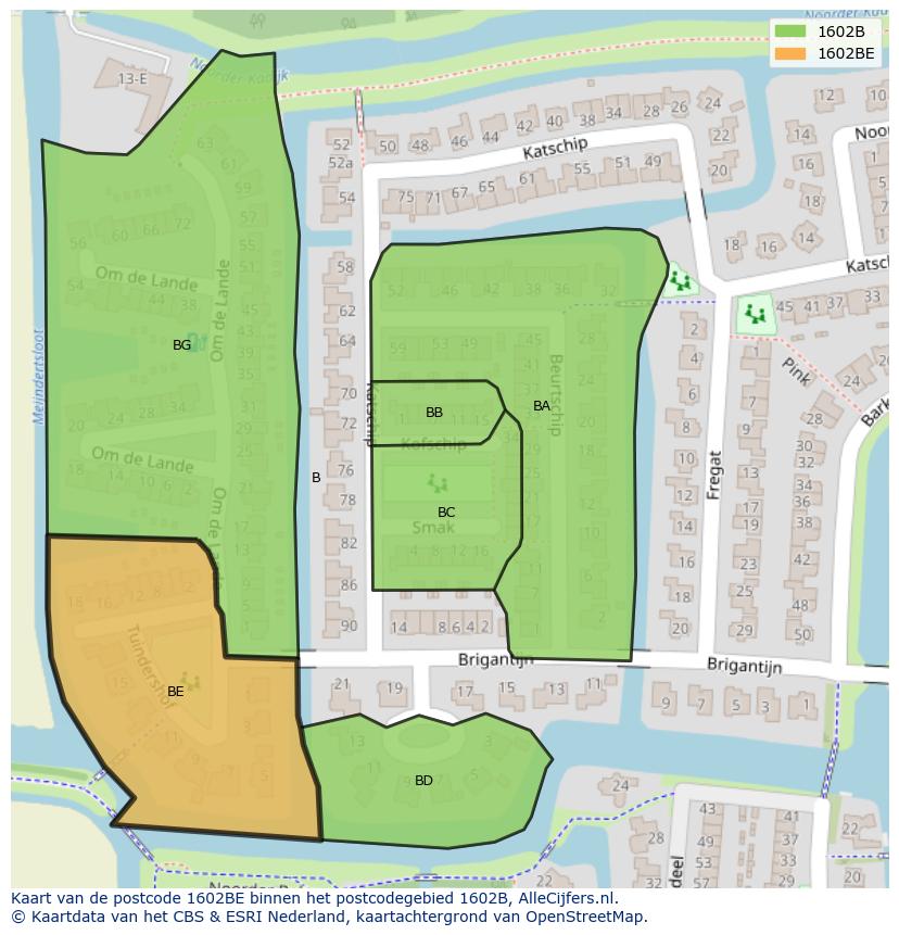 Afbeelding van het postcodegebied 1602 BE op de kaart.
