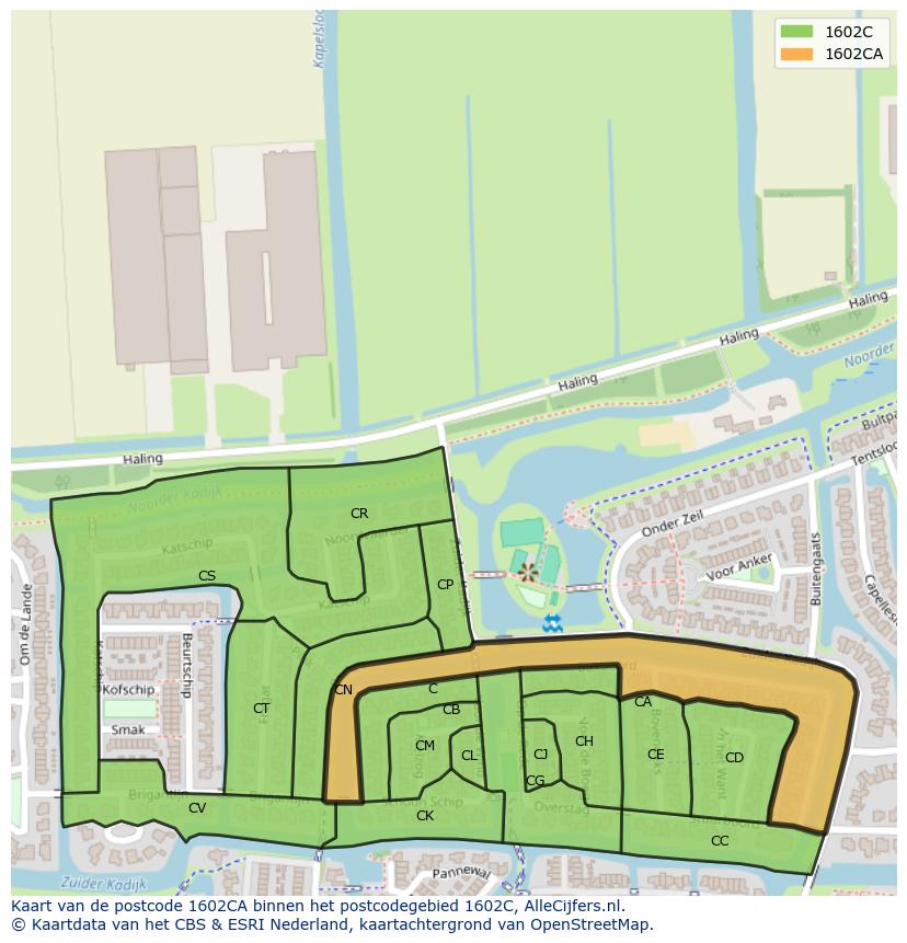 Afbeelding van het postcodegebied 1602 CA op de kaart.