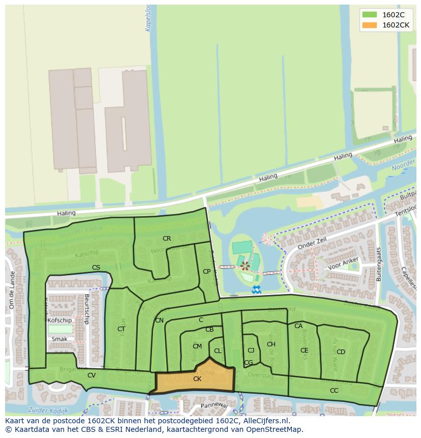 Afbeelding van het postcodegebied 1602 CK op de kaart.