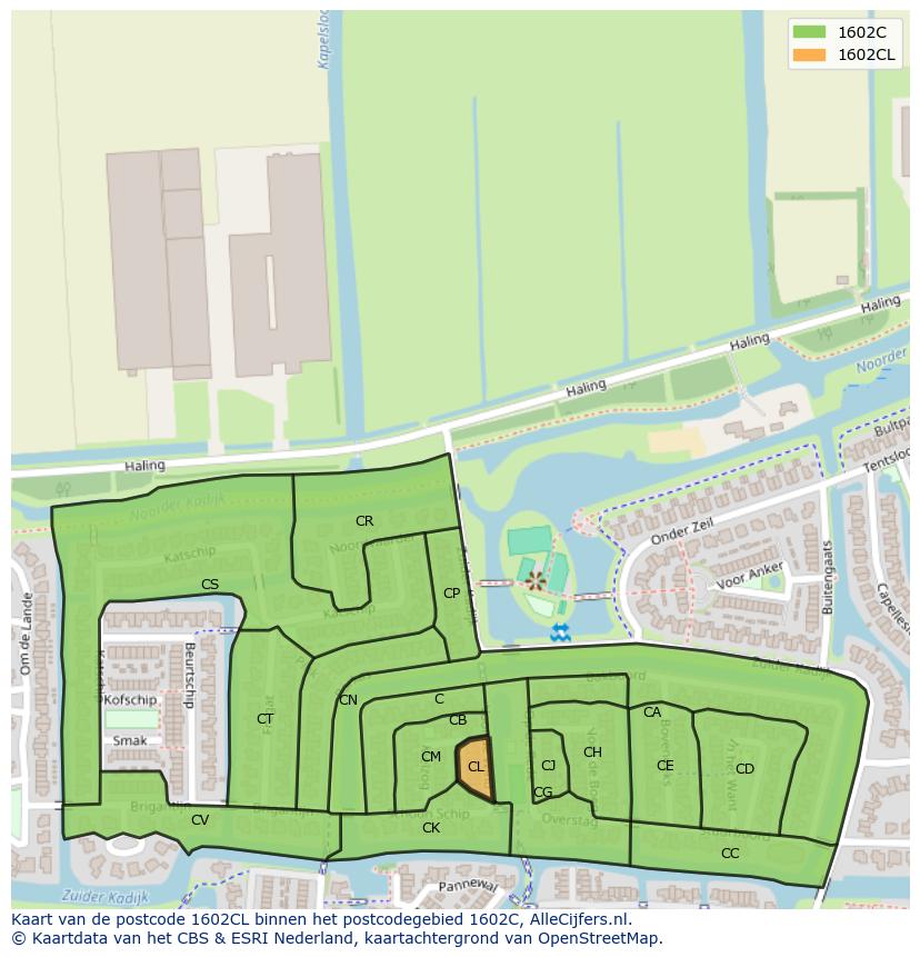 Afbeelding van het postcodegebied 1602 CL op de kaart.