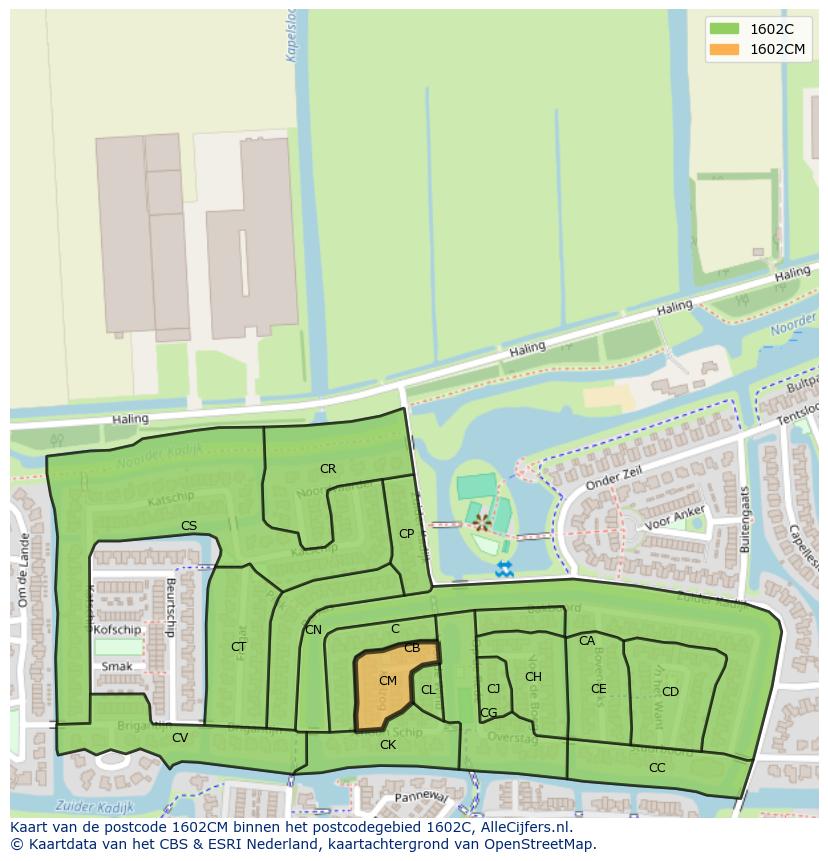 Afbeelding van het postcodegebied 1602 CM op de kaart.