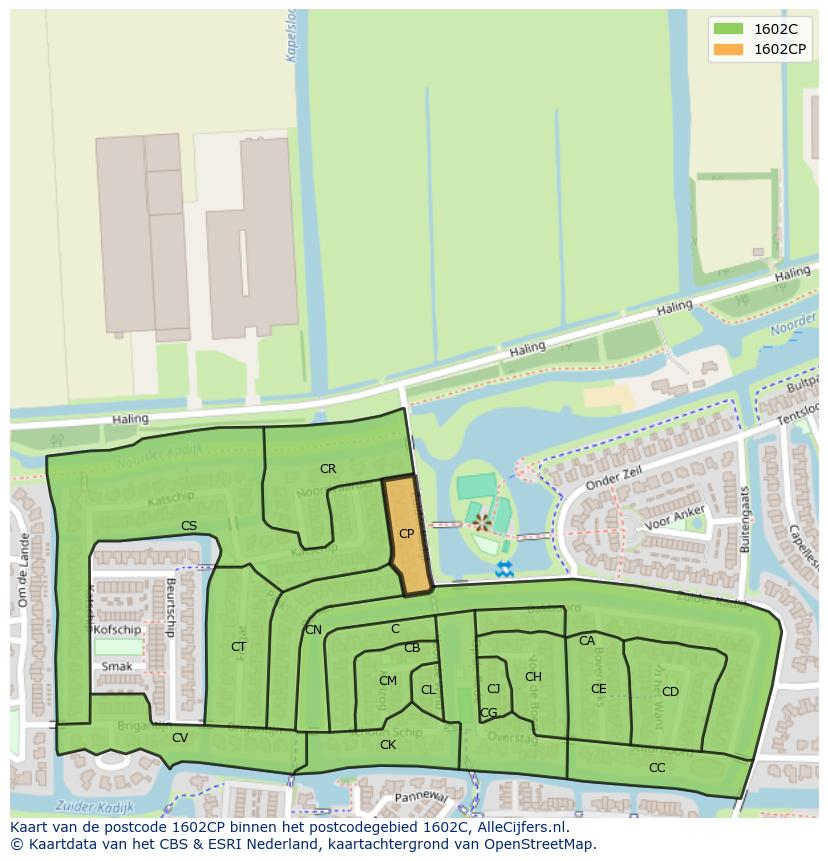Afbeelding van het postcodegebied 1602 CP op de kaart.