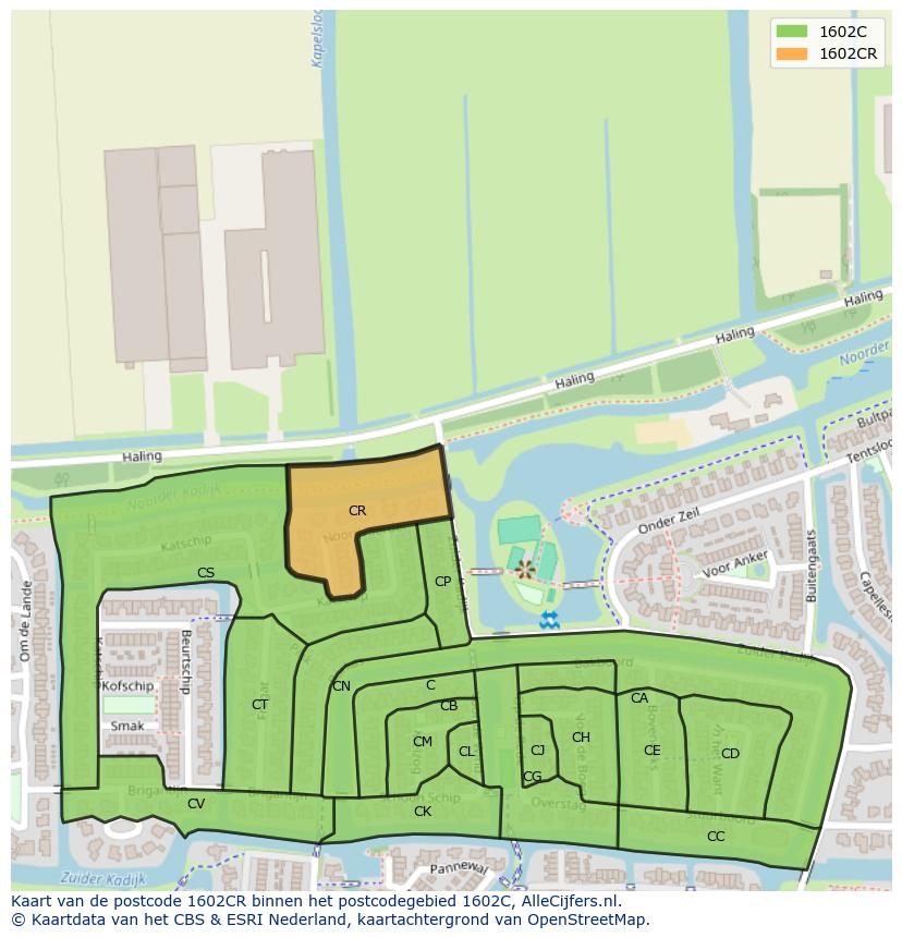 Afbeelding van het postcodegebied 1602 CR op de kaart.