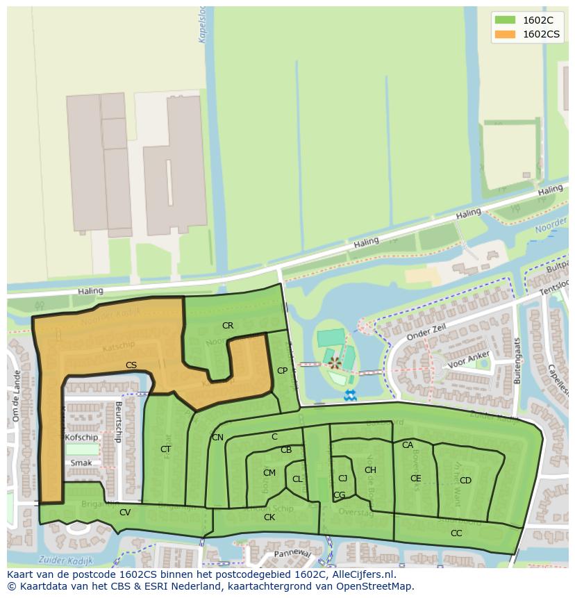 Afbeelding van het postcodegebied 1602 CS op de kaart.