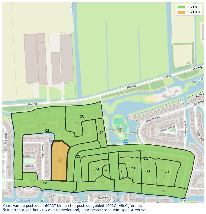 Afbeelding van het postcodegebied 1602 CT op de kaart.