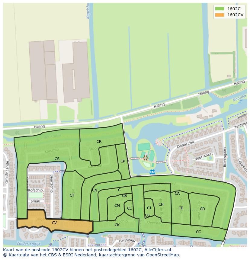 Afbeelding van het postcodegebied 1602 CV op de kaart.