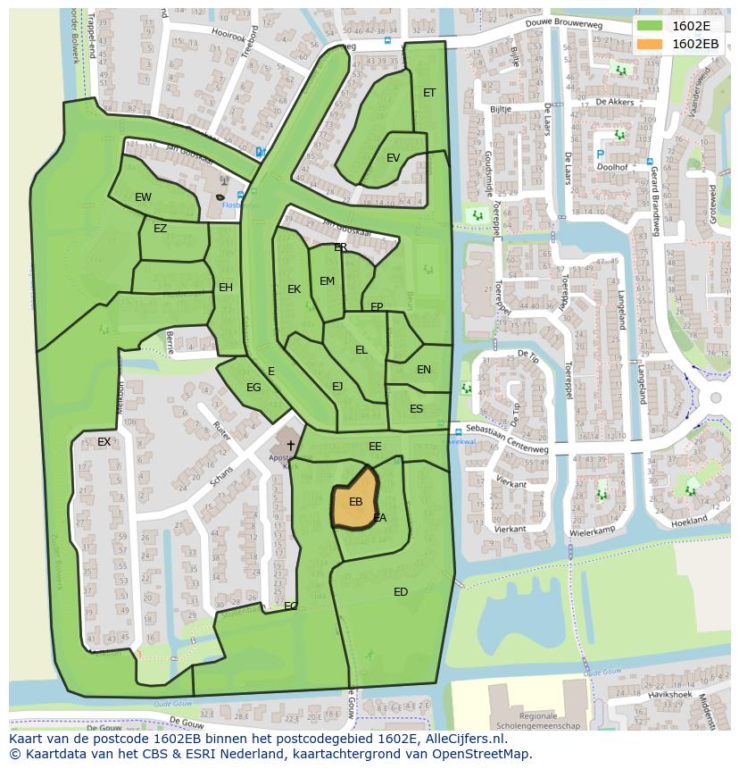 Afbeelding van het postcodegebied 1602 EB op de kaart.