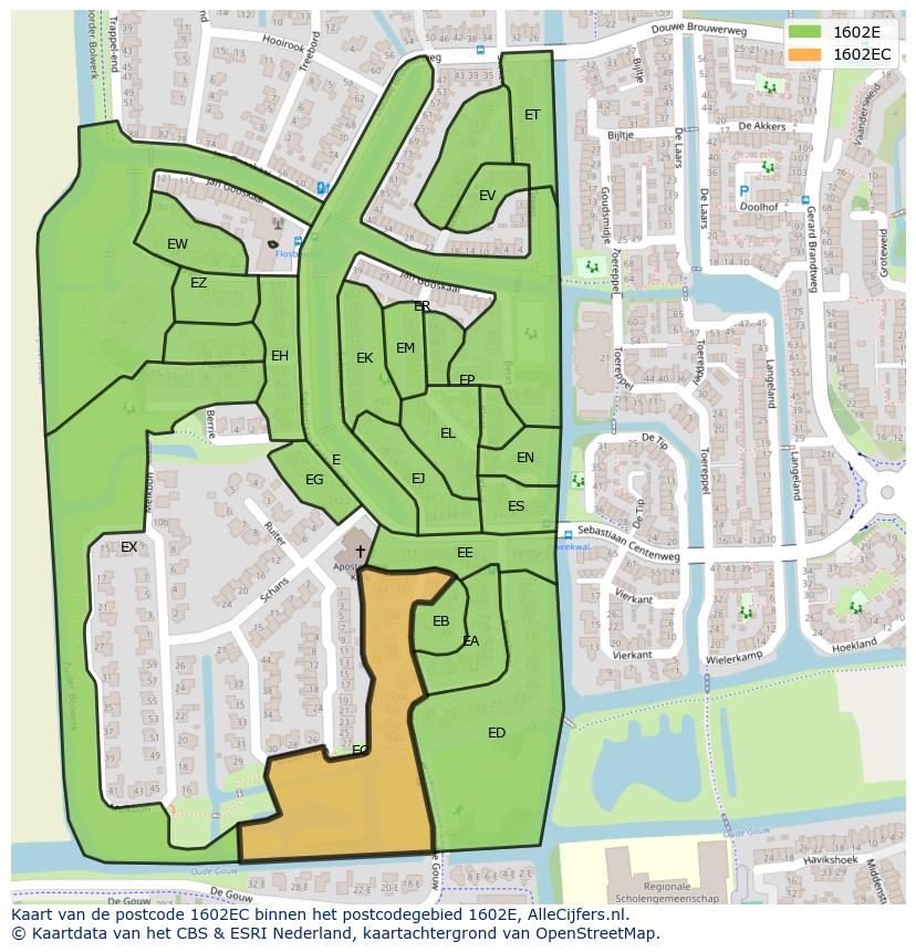 Afbeelding van het postcodegebied 1602 EC op de kaart.