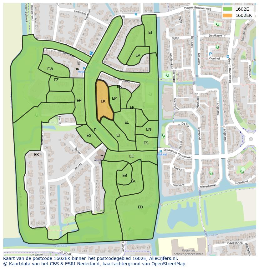 Afbeelding van het postcodegebied 1602 EK op de kaart.