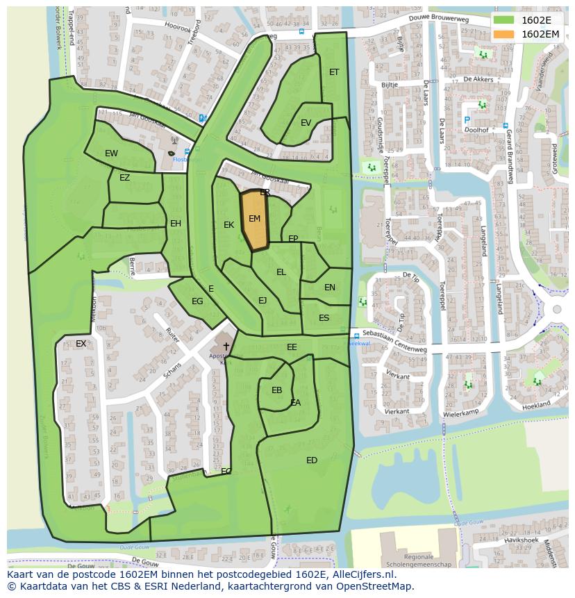 Afbeelding van het postcodegebied 1602 EM op de kaart.