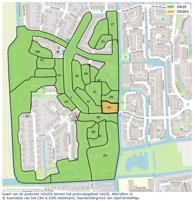 Afbeelding van het postcodegebied 1602 ES op de kaart.