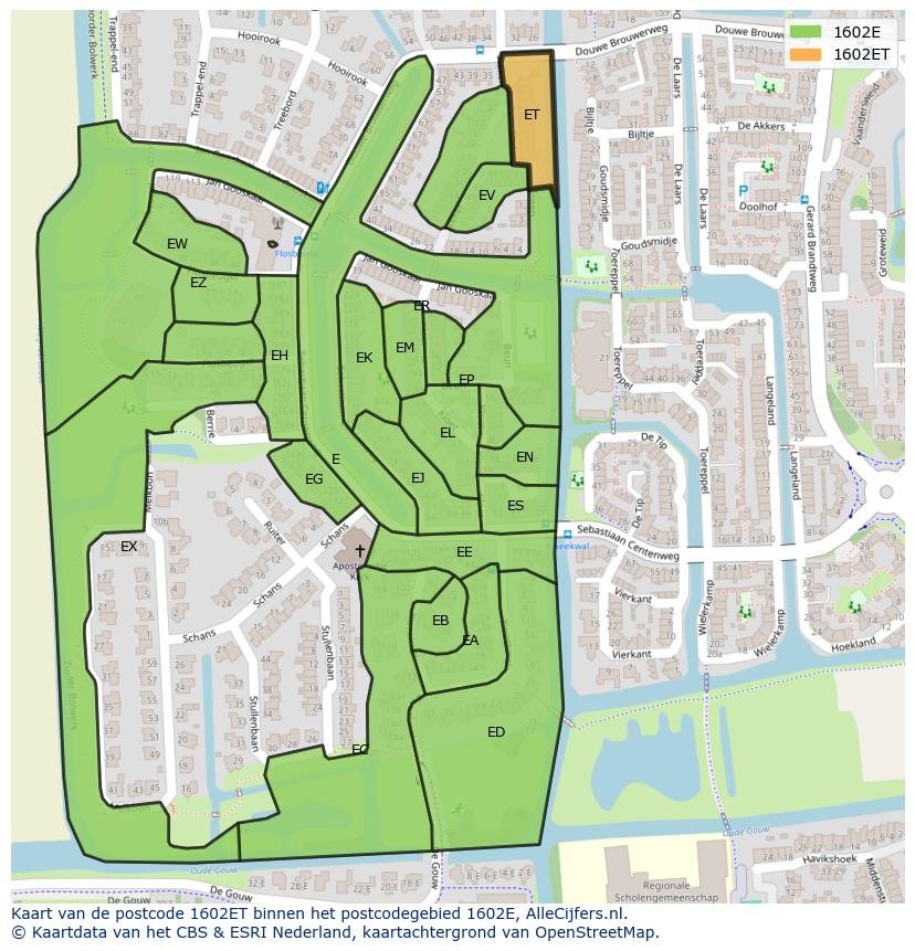 Afbeelding van het postcodegebied 1602 ET op de kaart.