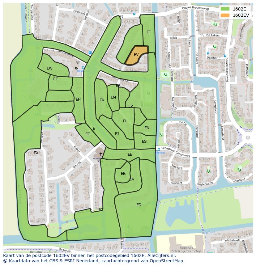Afbeelding van het postcodegebied 1602 EV op de kaart.