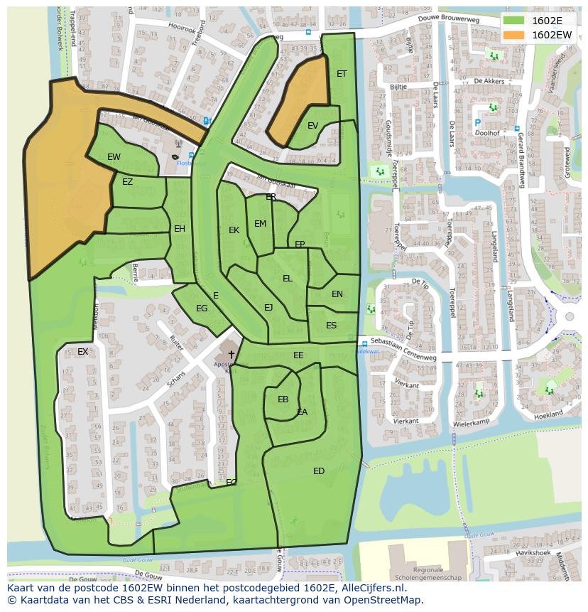 Afbeelding van het postcodegebied 1602 EW op de kaart.