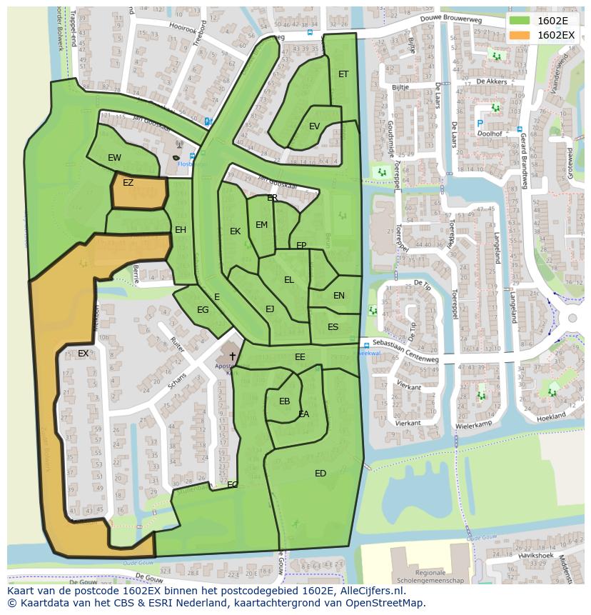 Afbeelding van het postcodegebied 1602 EX op de kaart.