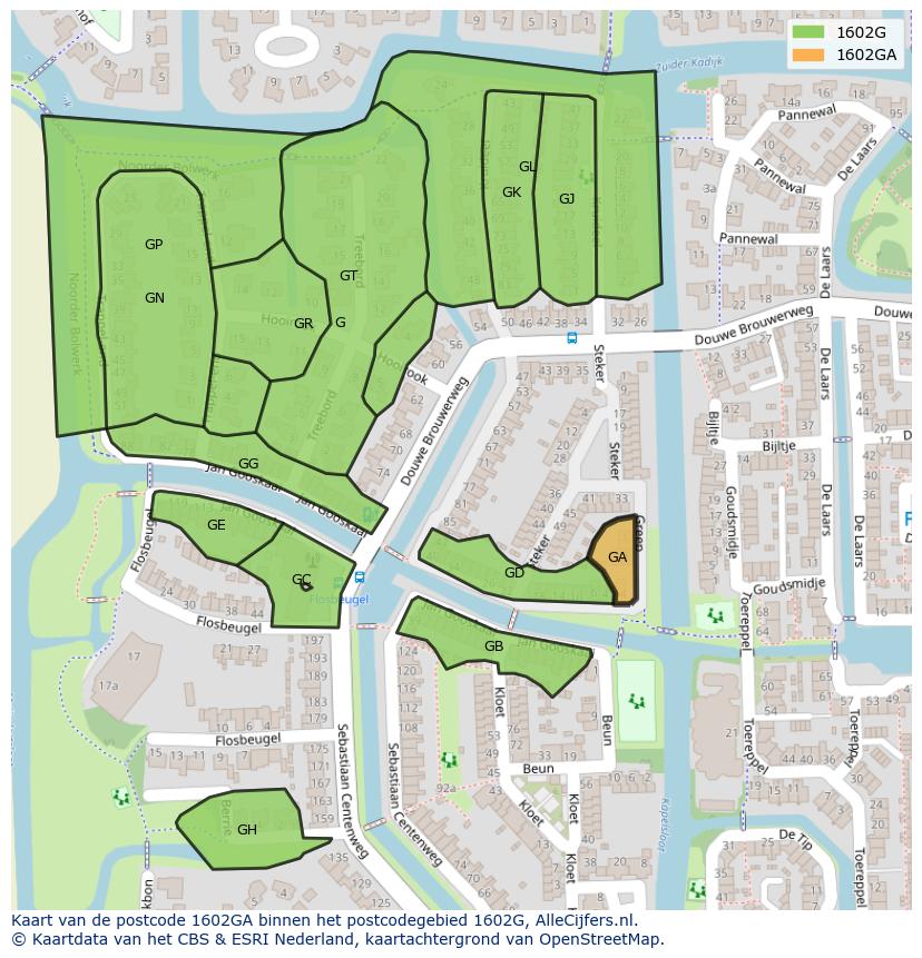 Afbeelding van het postcodegebied 1602 GA op de kaart.