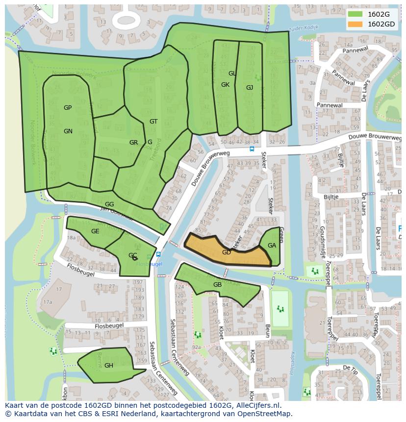 Afbeelding van het postcodegebied 1602 GD op de kaart.