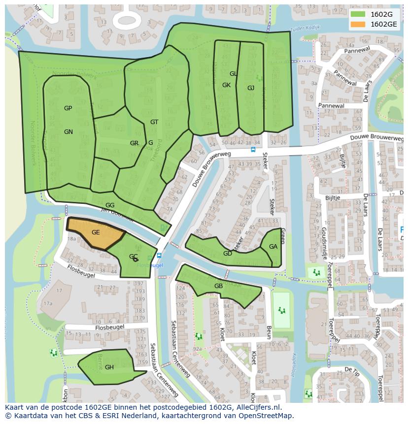 Afbeelding van het postcodegebied 1602 GE op de kaart.