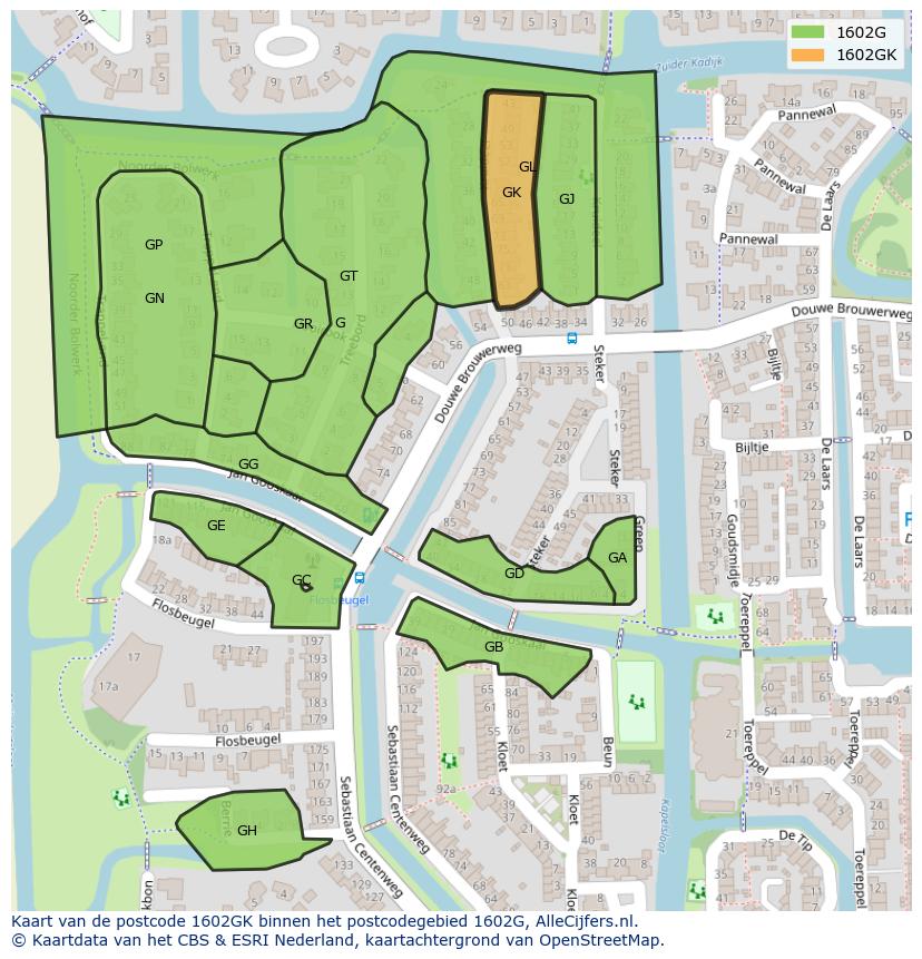 Afbeelding van het postcodegebied 1602 GK op de kaart.