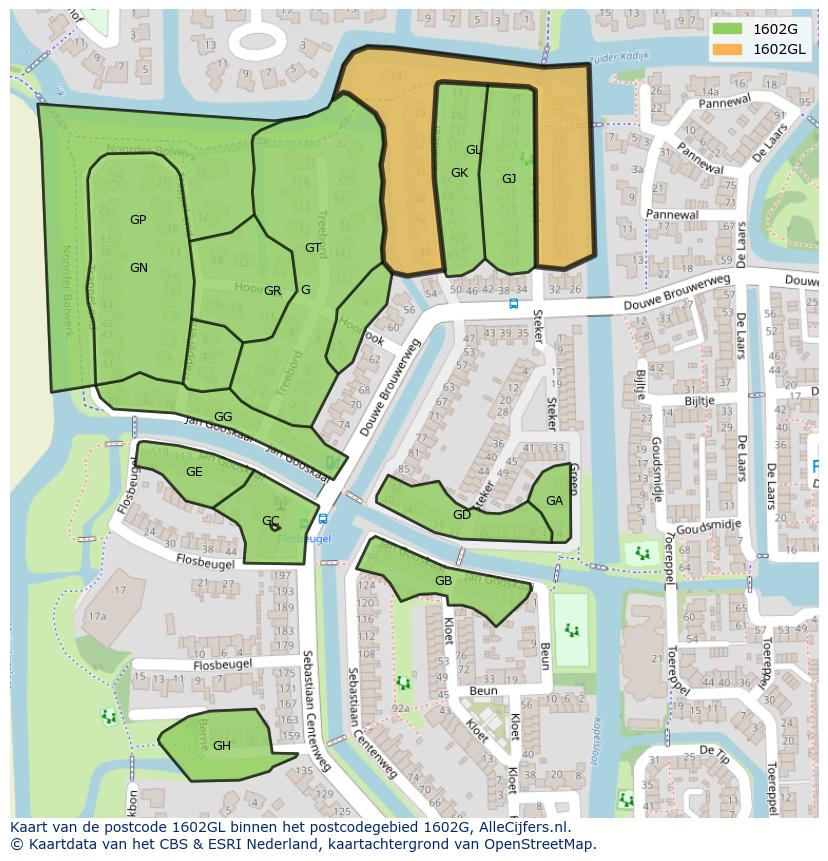 Afbeelding van het postcodegebied 1602 GL op de kaart.