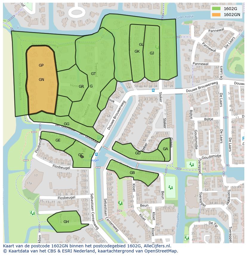Afbeelding van het postcodegebied 1602 GN op de kaart.