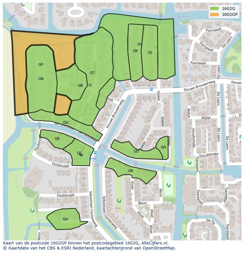 Afbeelding van het postcodegebied 1602 GP op de kaart.