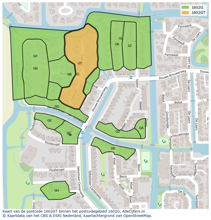 Afbeelding van het postcodegebied 1602 GT op de kaart.