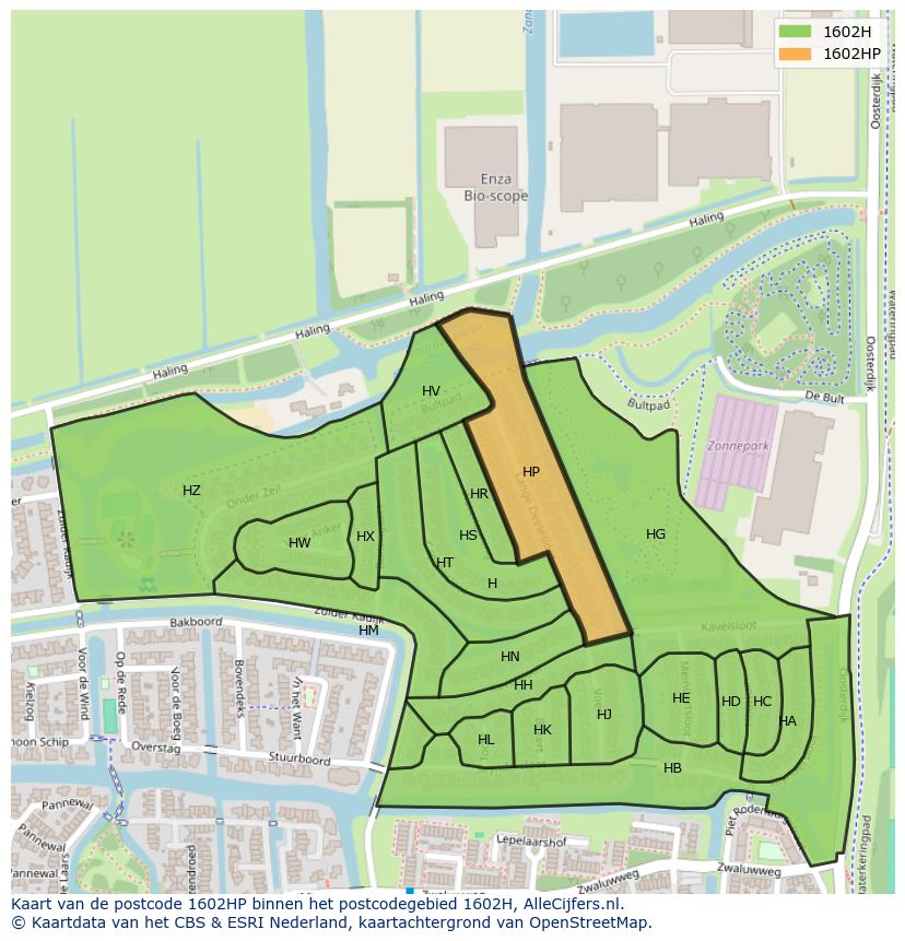 Afbeelding van het postcodegebied 1602 HP op de kaart.