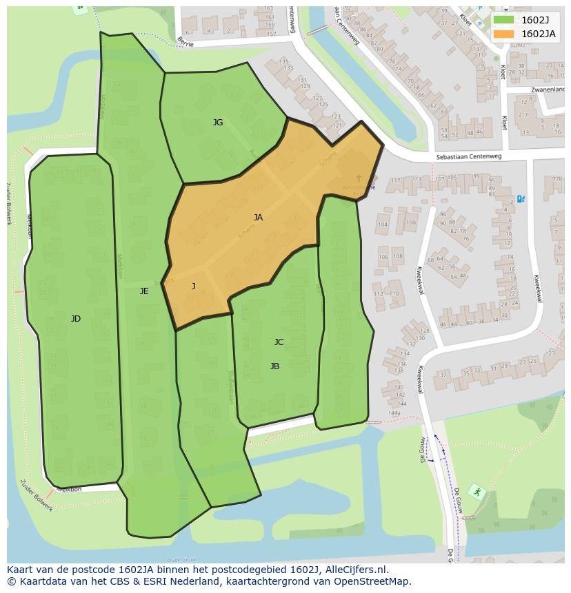 Afbeelding van het postcodegebied 1602 JA op de kaart.