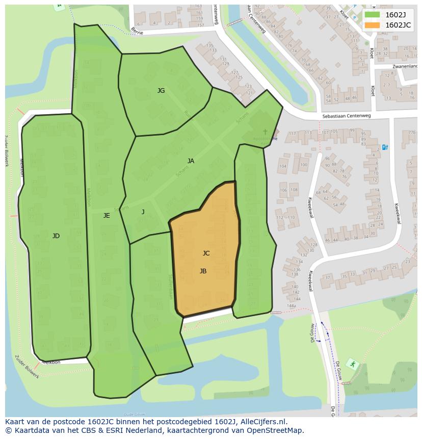Afbeelding van het postcodegebied 1602 JC op de kaart.