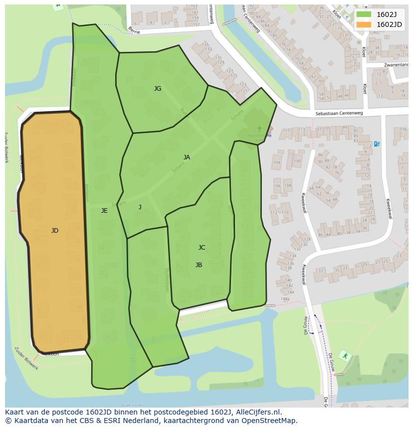 Afbeelding van het postcodegebied 1602 JD op de kaart.