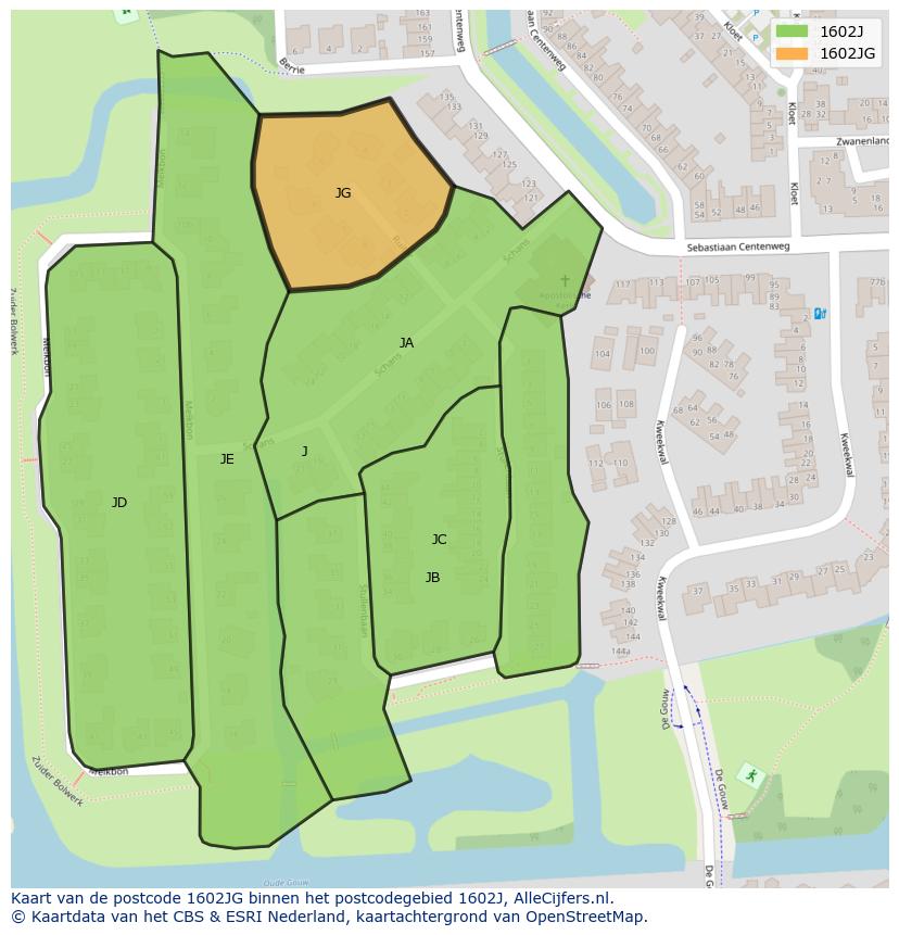Afbeelding van het postcodegebied 1602 JG op de kaart.