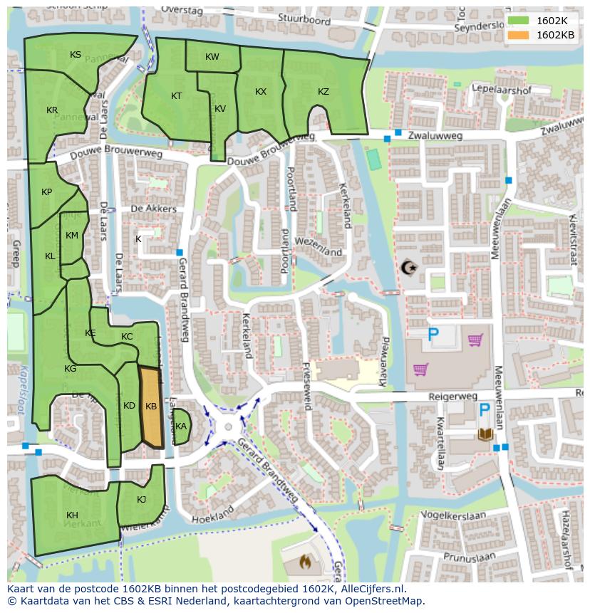 Afbeelding van het postcodegebied 1602 KB op de kaart.