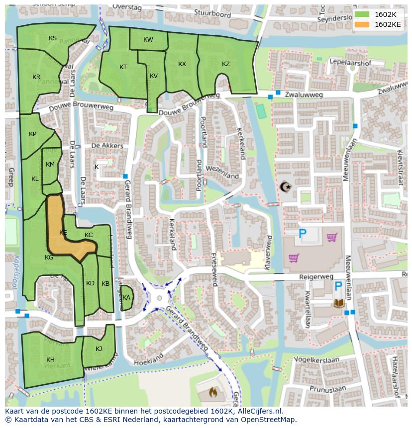 Afbeelding van het postcodegebied 1602 KE op de kaart.