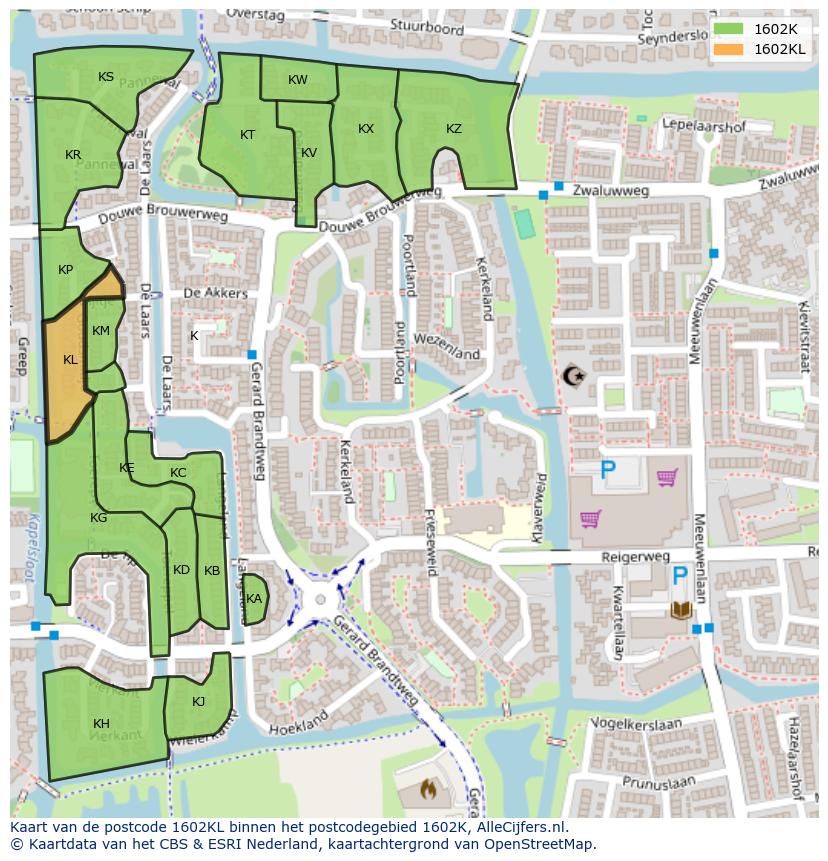 Afbeelding van het postcodegebied 1602 KL op de kaart.