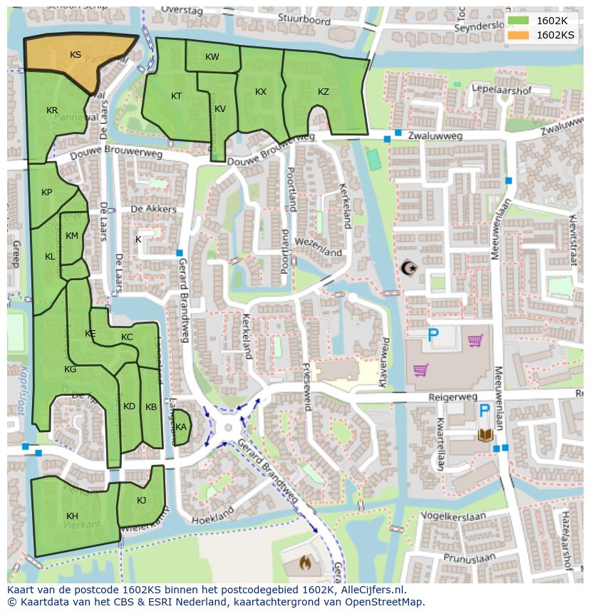 Afbeelding van het postcodegebied 1602 KS op de kaart.